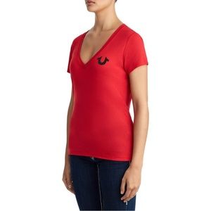 True Religion Happy Buddha embellished red shirt.